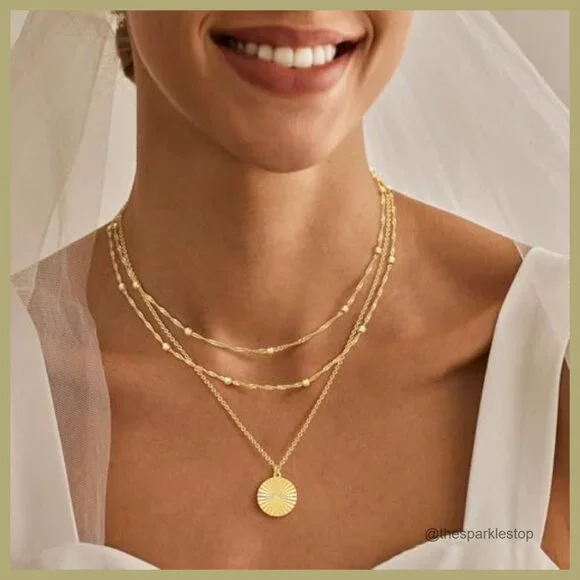 14K Gold Plated Layered Choker Necklace with Pearl Beads and Disc Pendant - Picture 2 of 7